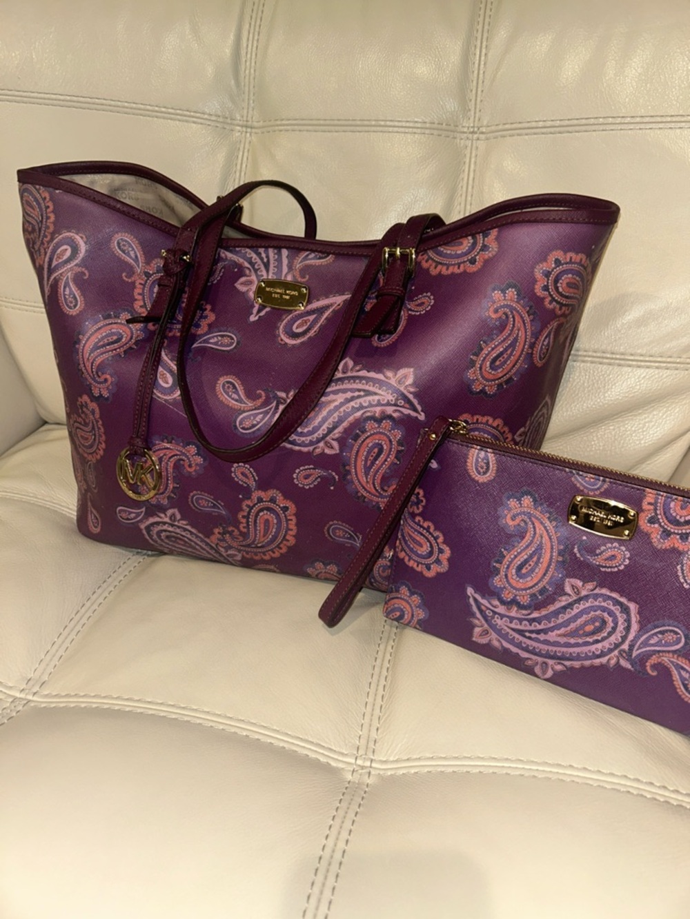 Michael Kors Purple Paisley Tote with Matching Wristlet Set